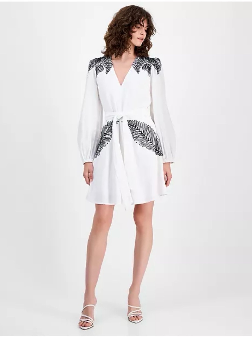 INC Palm Embellished Sequin White Long-Sleeve V-Neck Mini Dress Large
